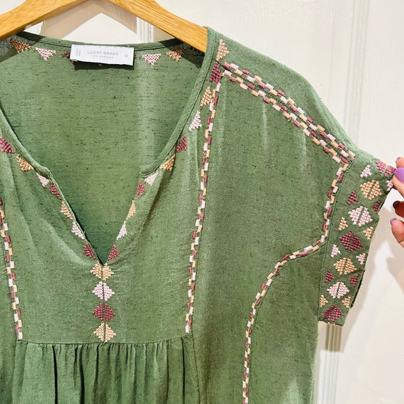 LUCKY BRAND Green Boho Embroidered Top Tribal Cotton Casual Short Sleeve Size XS - Picture 2 of 4